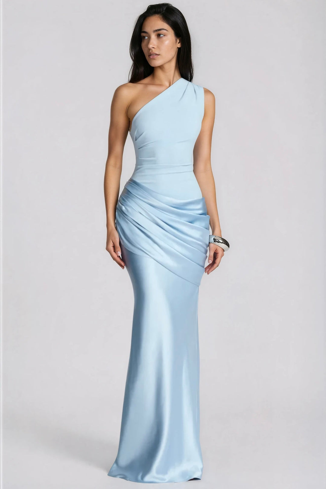 One-Shoulder Ruched Satin Mermaid Gown