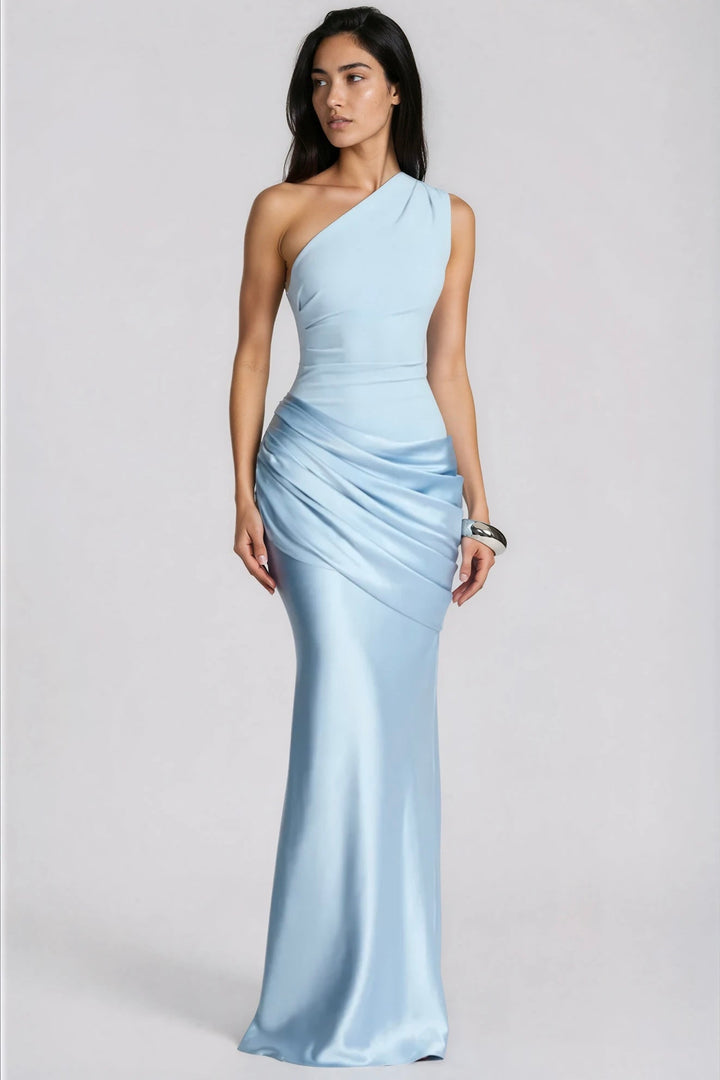 One-Shoulder Ruched Satin Mermaid Gown