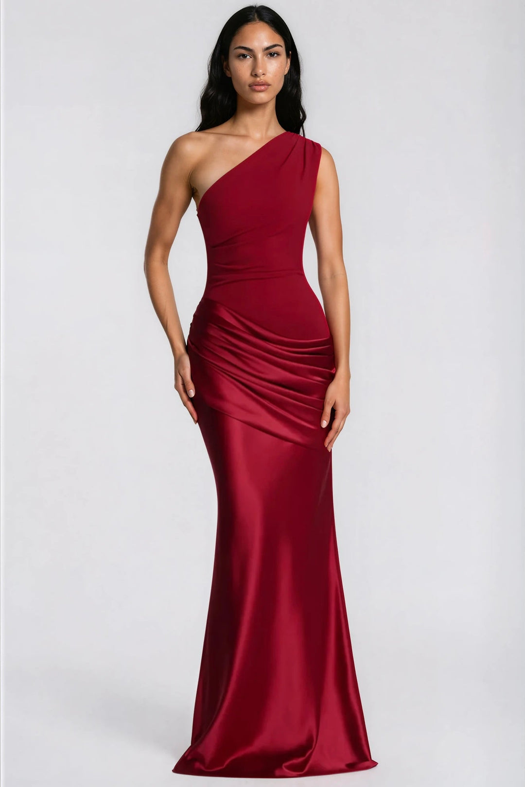 One-Shoulder Ruched Satin Mermaid Gown