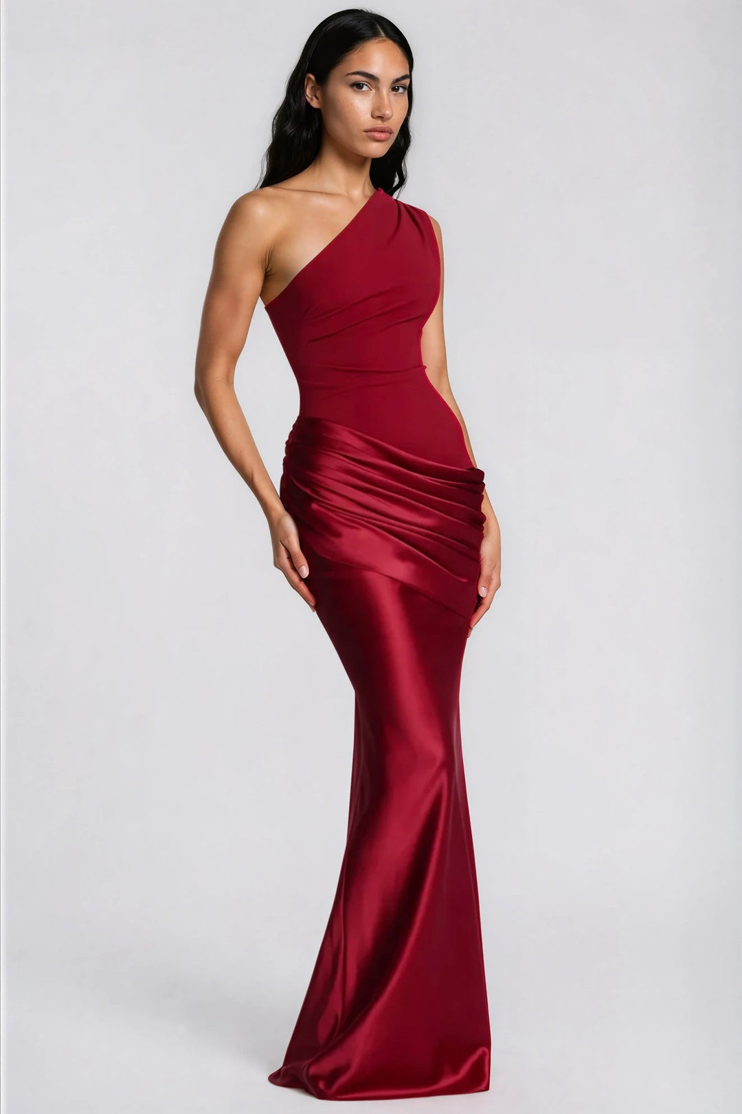 One-Shoulder Ruched Satin Mermaid Gown