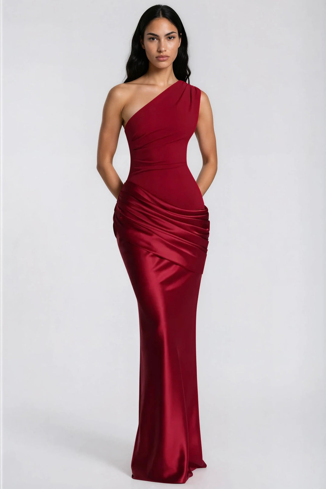 One-Shoulder Ruched Satin Mermaid Gown