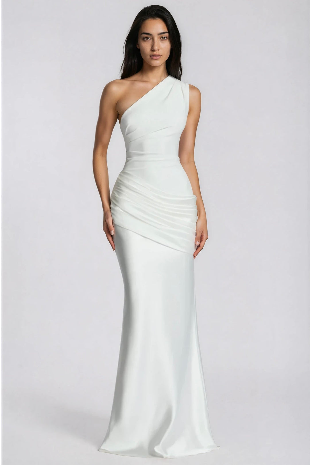 One-Shoulder Ruched Satin Mermaid Gown
