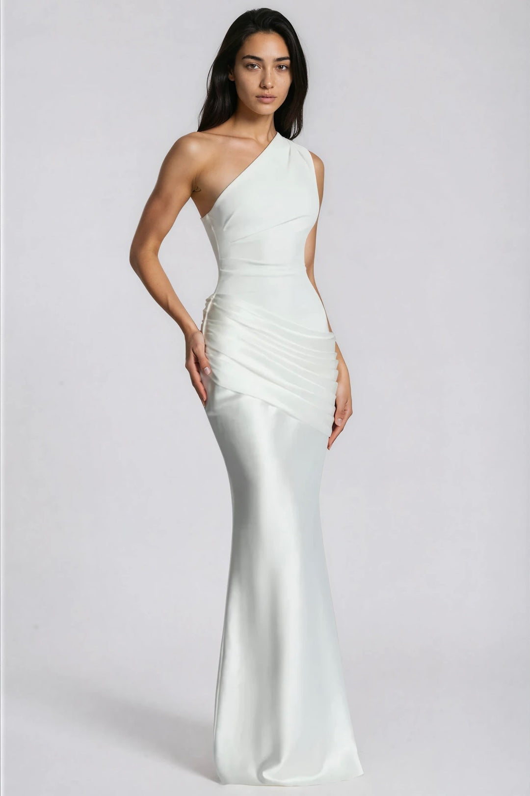 One-Shoulder Ruched Satin Mermaid Gown