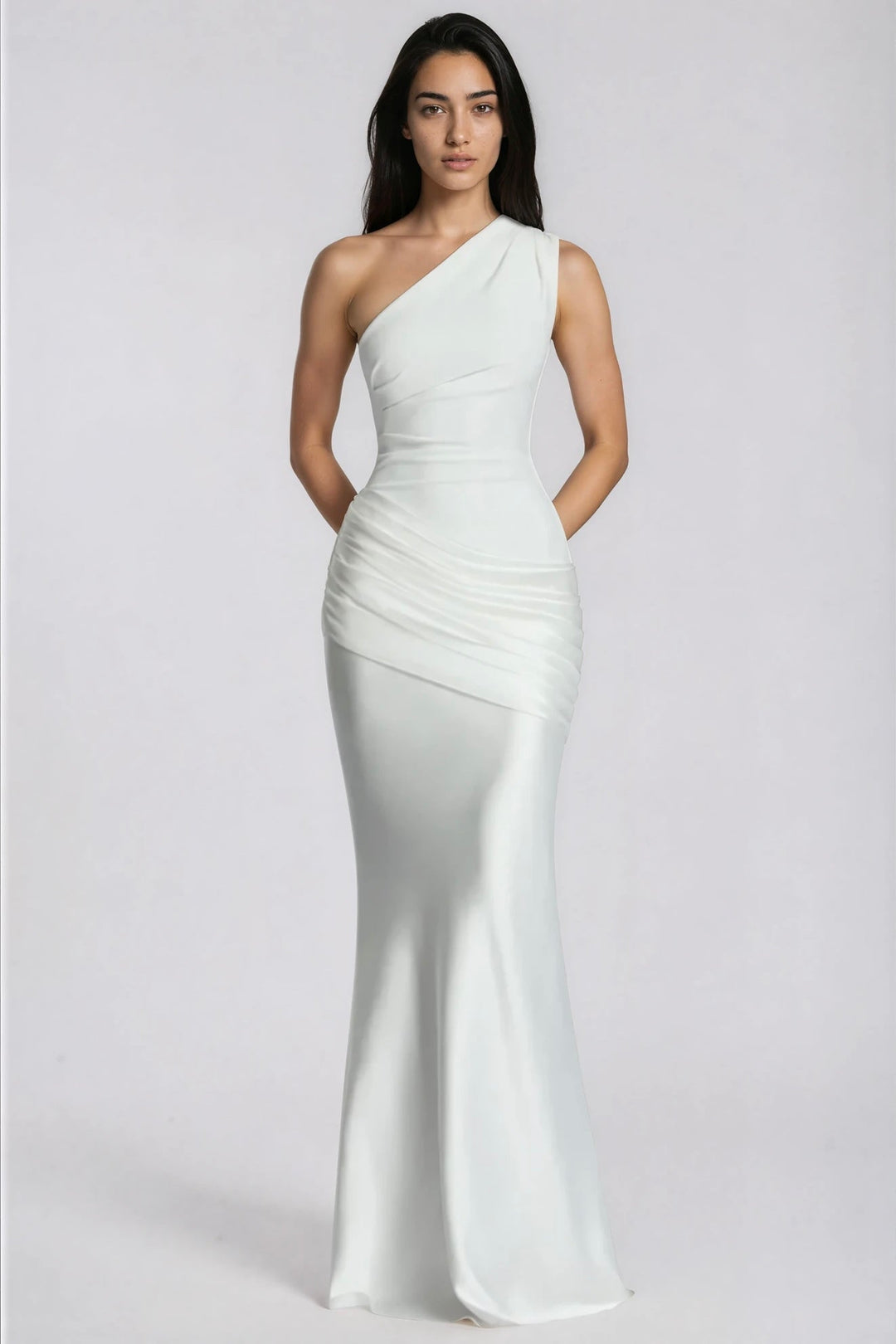 One-Shoulder Ruched Satin Mermaid Gown