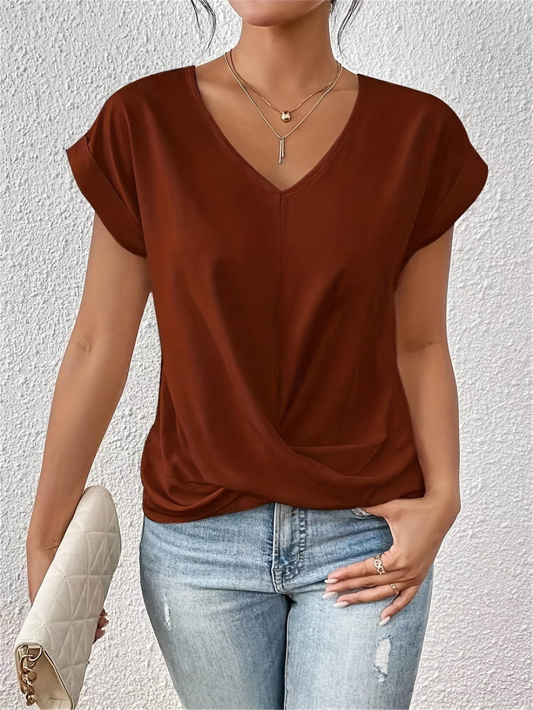 Women’s Casual V Neck T Shirt with Twist Front