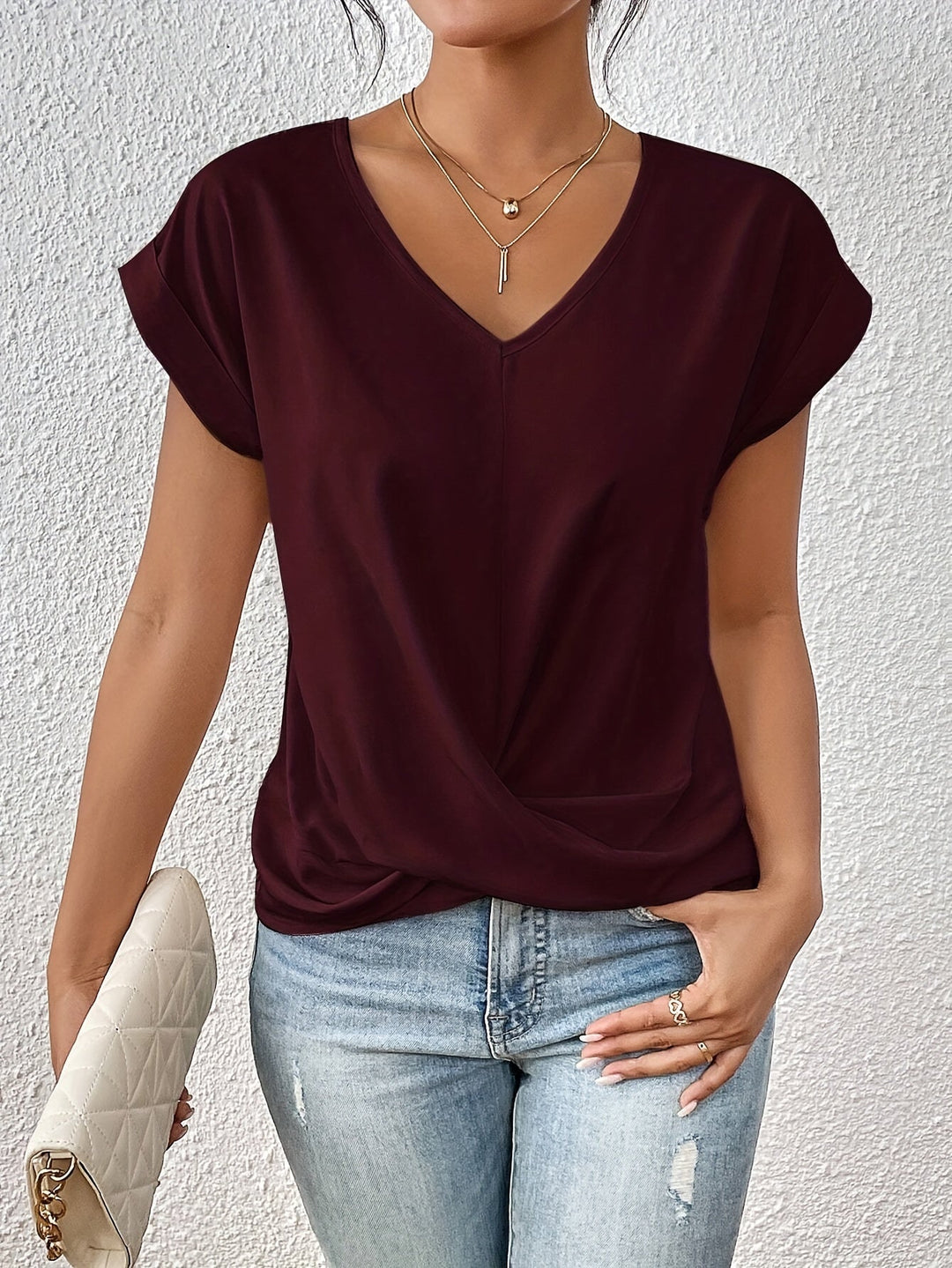Women’s Casual V Neck T Shirt with Twist Front