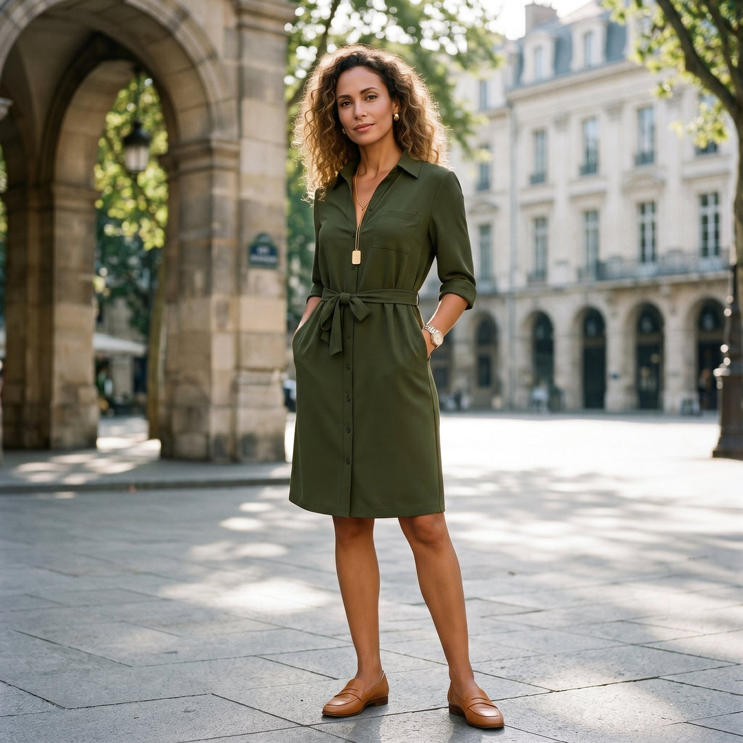 Adeline - Elegant Black Midi Dress with Sleeves for Women