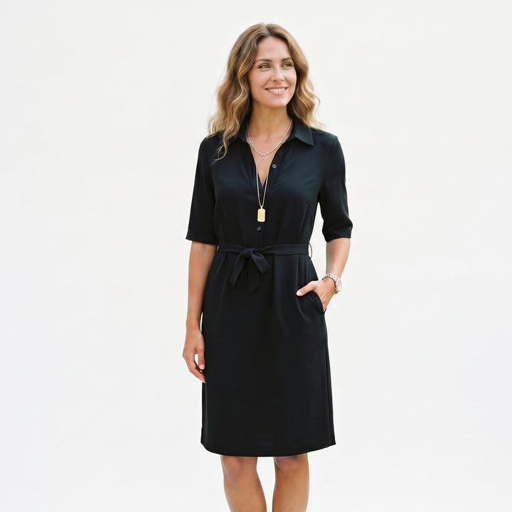 Adeline - Elegant Black Midi Dress with Sleeves for Women