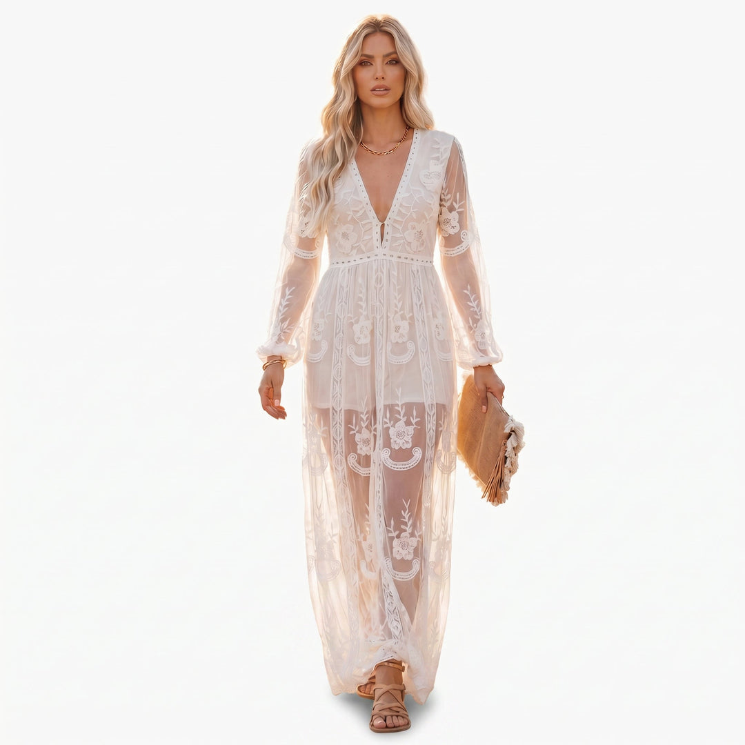 Amelia - Elegant White Long Sleeve Maxi Dress for Summer