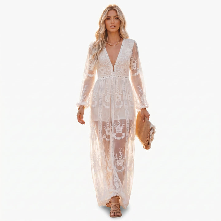 Amelia - Elegant White Long Sleeve Maxi Dress for Summer