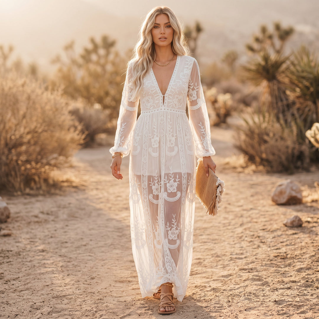Amelia - Elegant White Long Sleeve Maxi Dress for Summer
