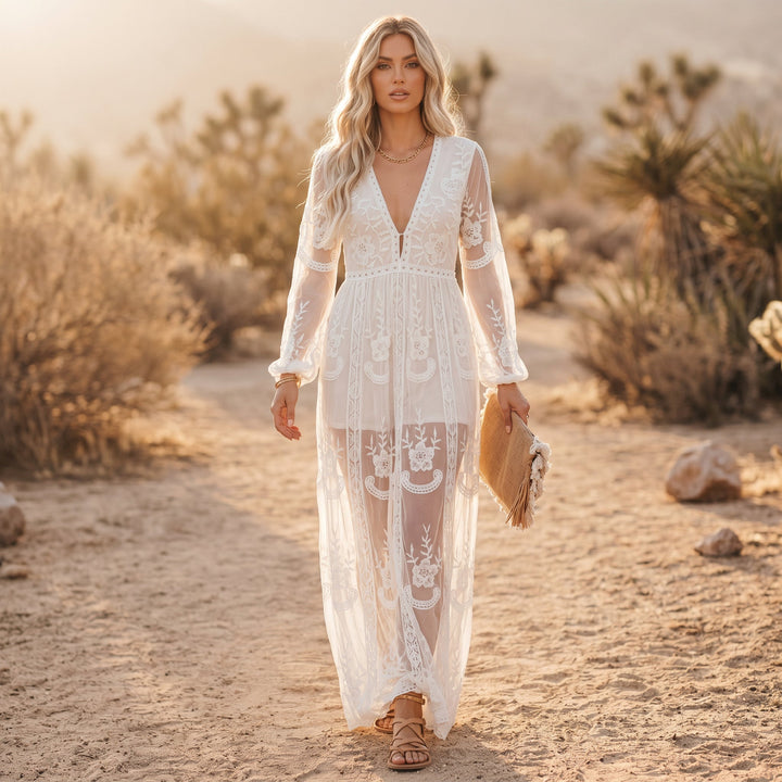 Amelia - Elegant White Long Sleeve Maxi Dress for Summer