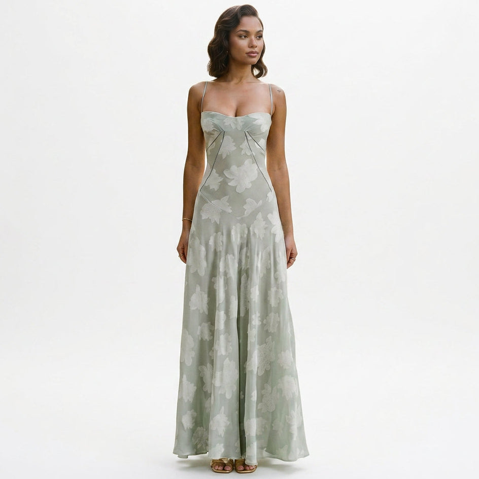 Elegant Floral Jacquard Gown for Wedding Guests
