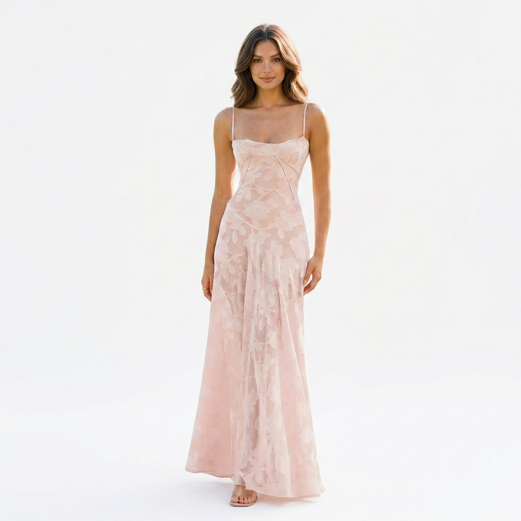 Elegant Floral Jacquard Gown for Wedding Guests