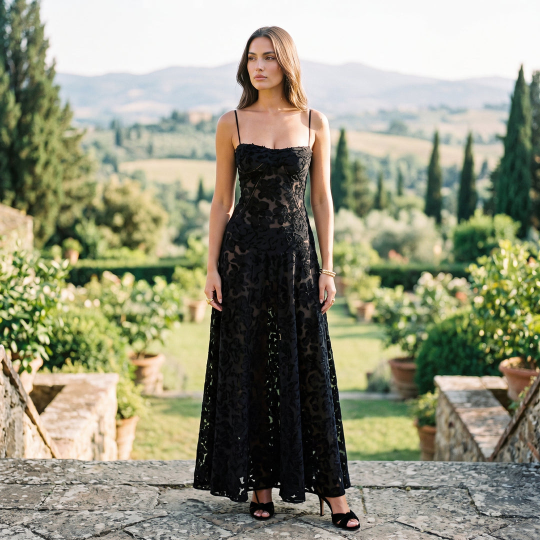 Elegant Floral Jacquard Gown for Wedding Guests