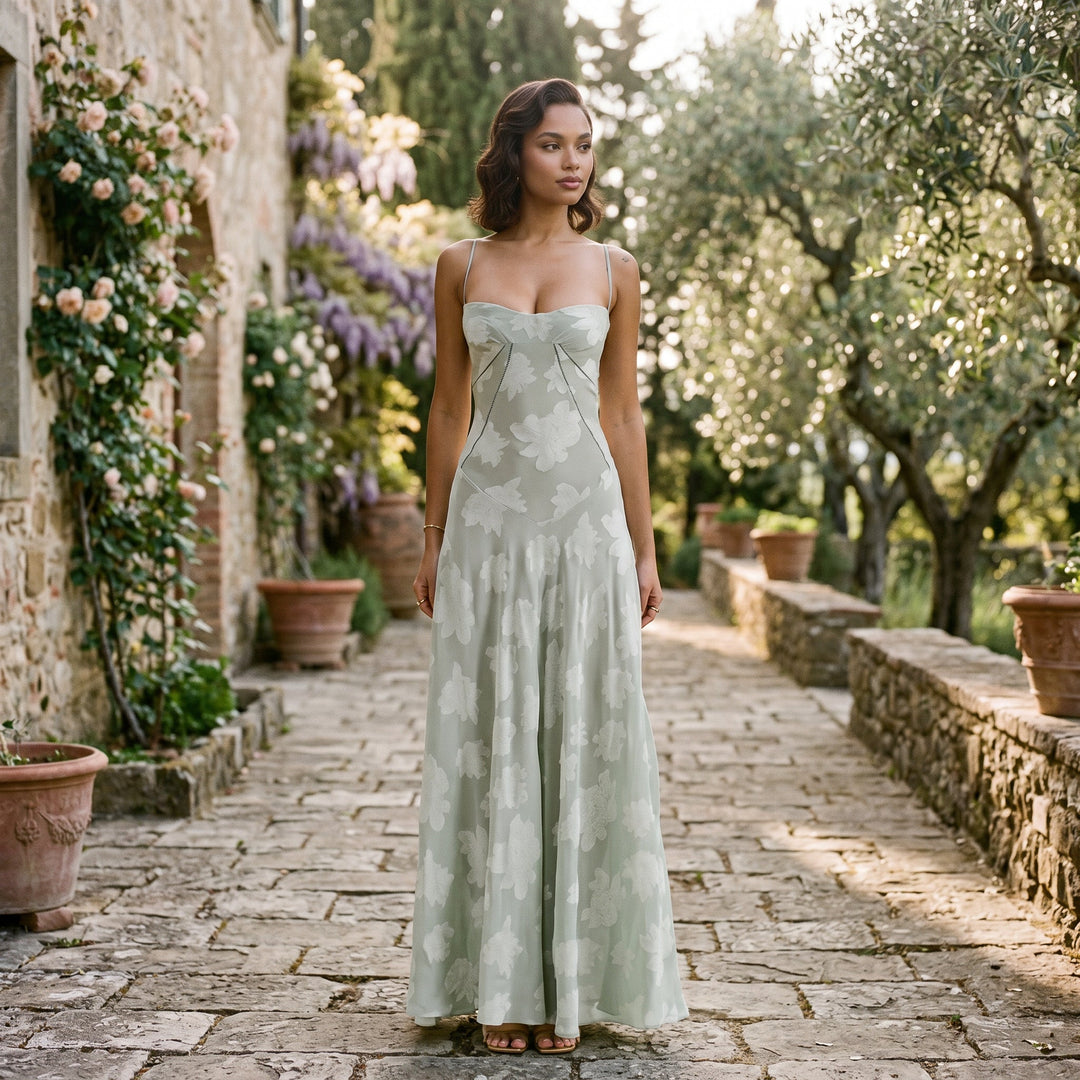 Elegant Floral Jacquard Gown for Wedding Guests