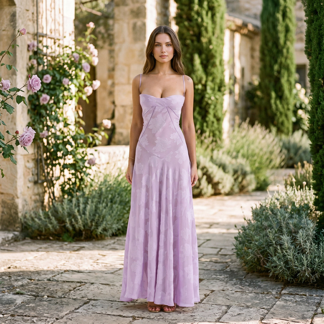 Elegant Floral Jacquard Gown for Wedding Guests