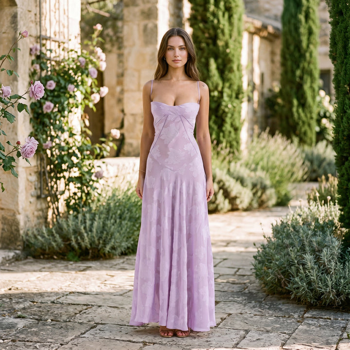 Elegant Floral Jacquard Gown for Wedding Guests