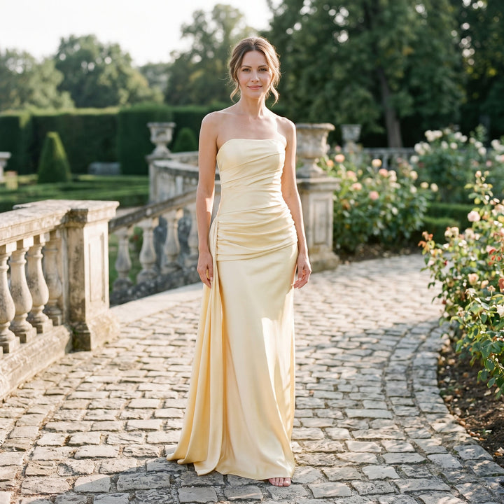 Arielle - Elegant Strapless Ruched Satin Maxi Dress