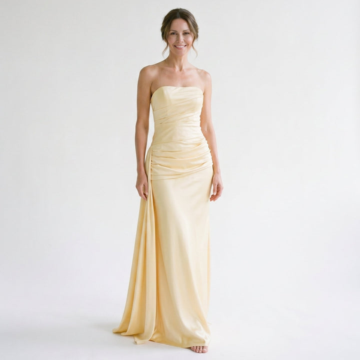 Arielle - Elegant Strapless Ruched Satin Maxi Dress