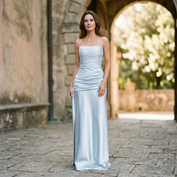 Arielle - Elegant Strapless Ruched Satin Maxi Dress