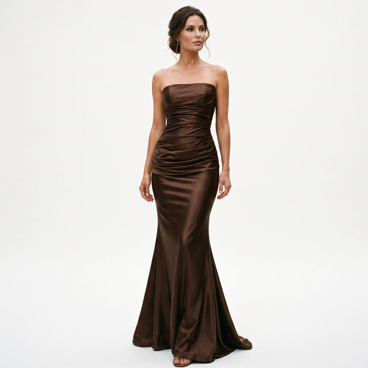 Arielle - Elegant Strapless Ruched Satin Maxi Dress