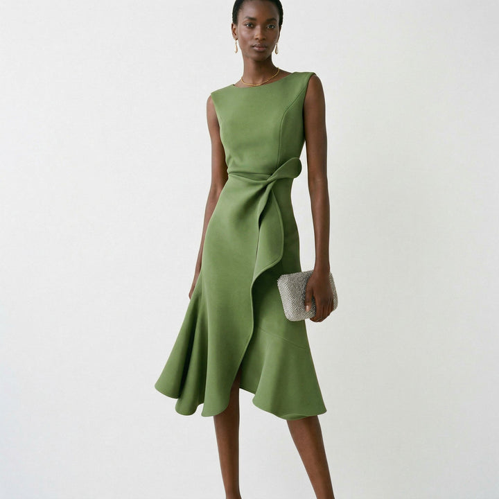 Elegant Asymmetric Midi Dress for Wedding Guests and Formal Events