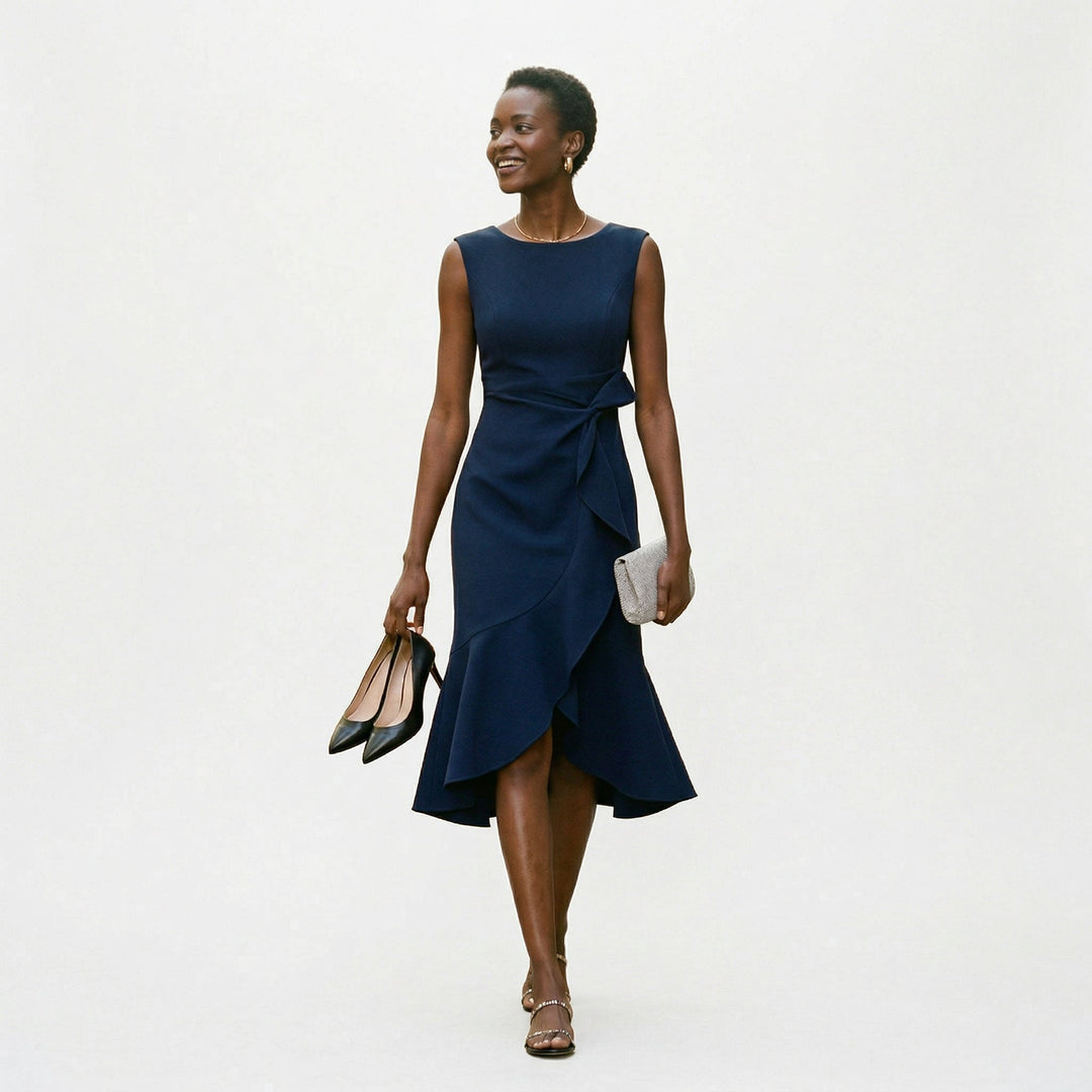 Elegant Asymmetric Midi Dress for Wedding Guests and Formal Events