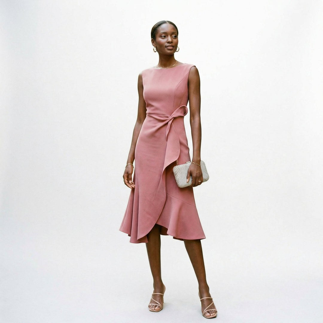 Elegant Asymmetric Midi Dress for Wedding Guests and Formal Events