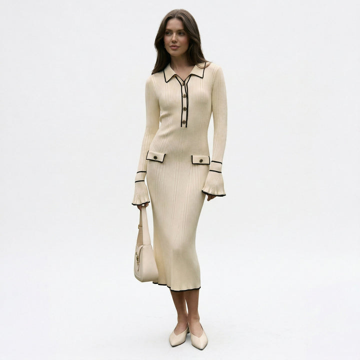 Elegant Midi Dress for Women - Contrast Trim Formal Dresses