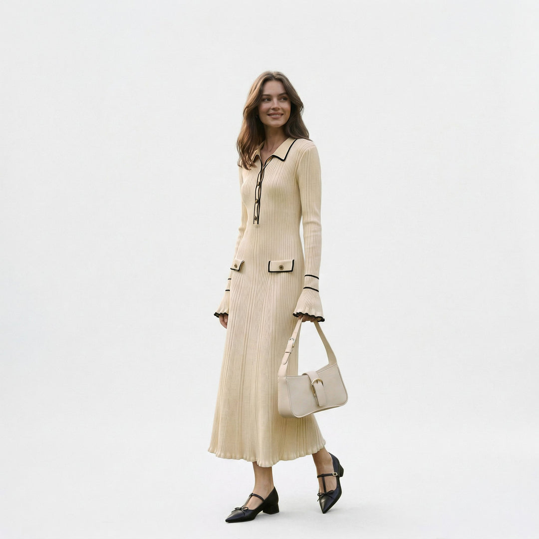 Elegant Midi Dress for Women - Contrast Trim Formal Dresses