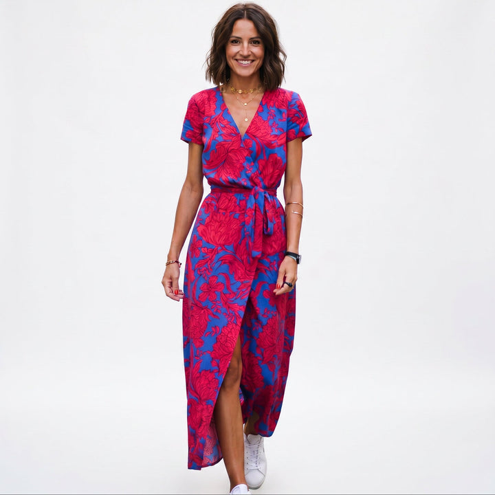 Katya - Elegant Short Sleeve Maxi Dress with Wrap Neckline and Waist Tie