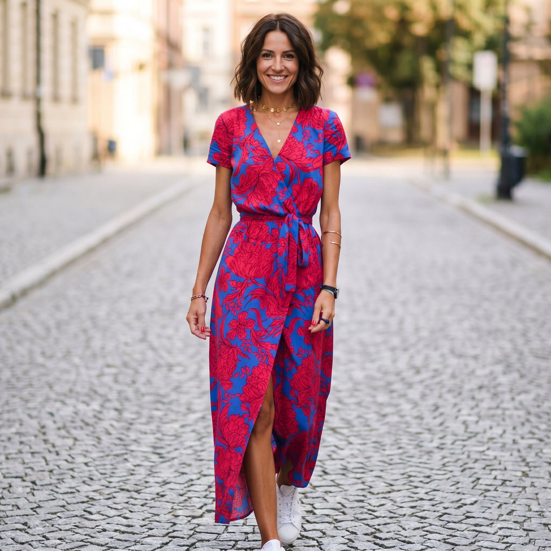 Katya - Elegant Short Sleeve Maxi Dress with Wrap Neckline and Waist Tie
