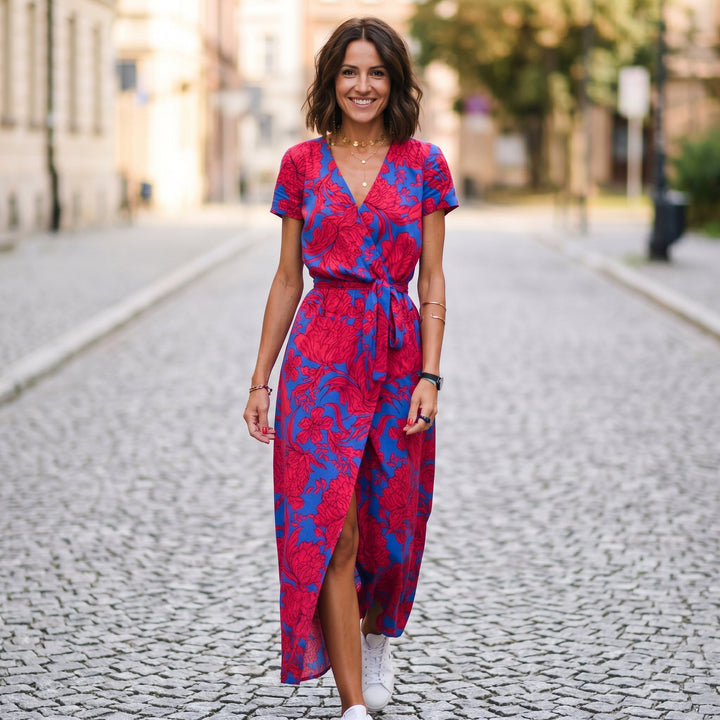Katya - Elegant Short Sleeve Maxi Dress with Wrap Neckline and Waist Tie