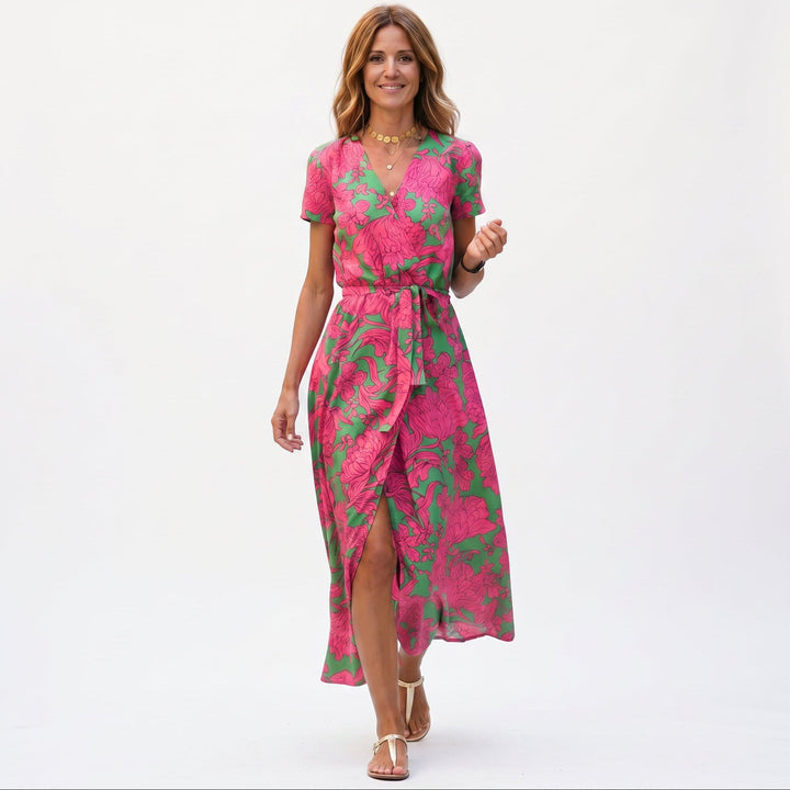 Katya - Elegant Short Sleeve Maxi Dress with Wrap Neckline and Waist Tie