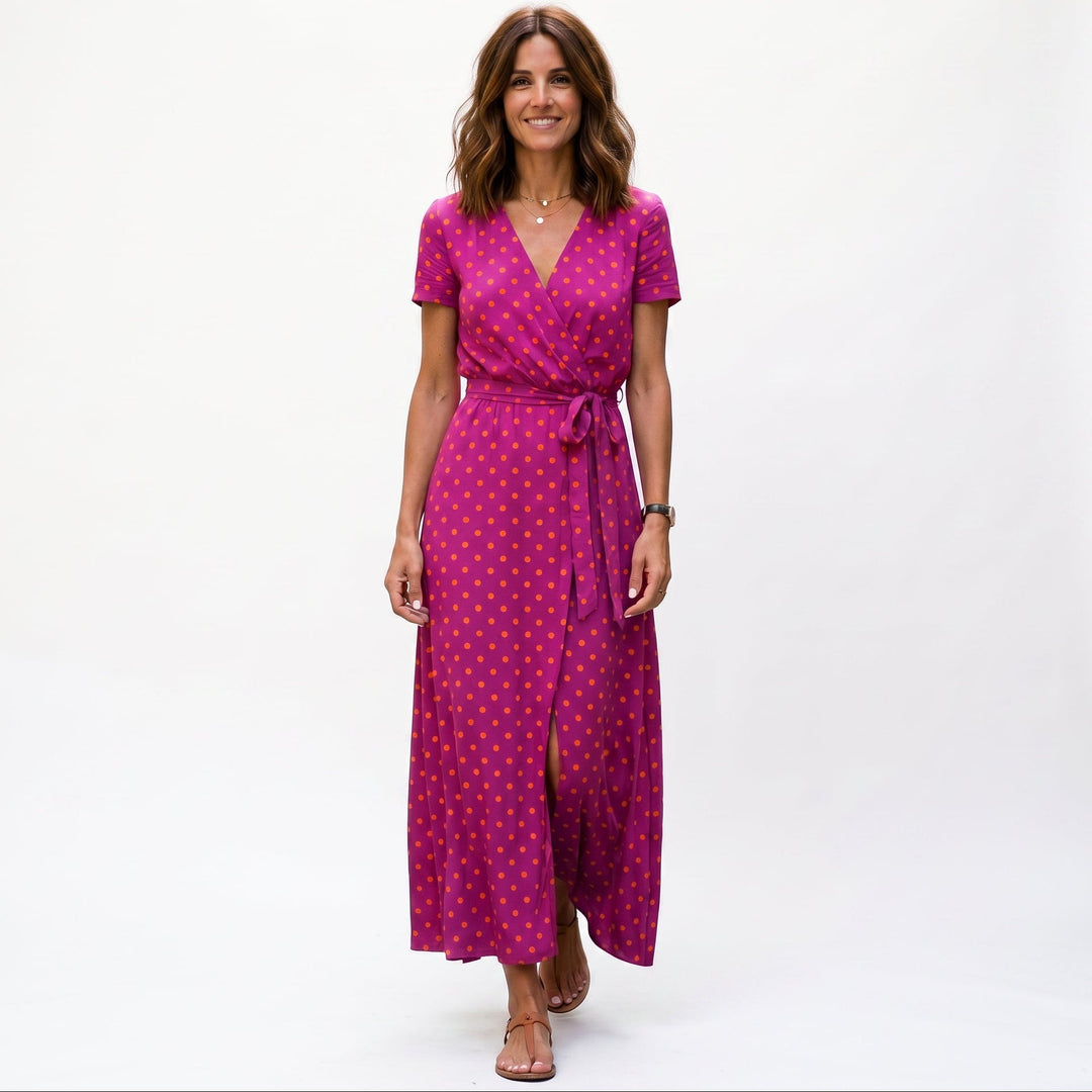 Katya - Elegant Short Sleeve Maxi Dress with Wrap Neckline and Waist Tie