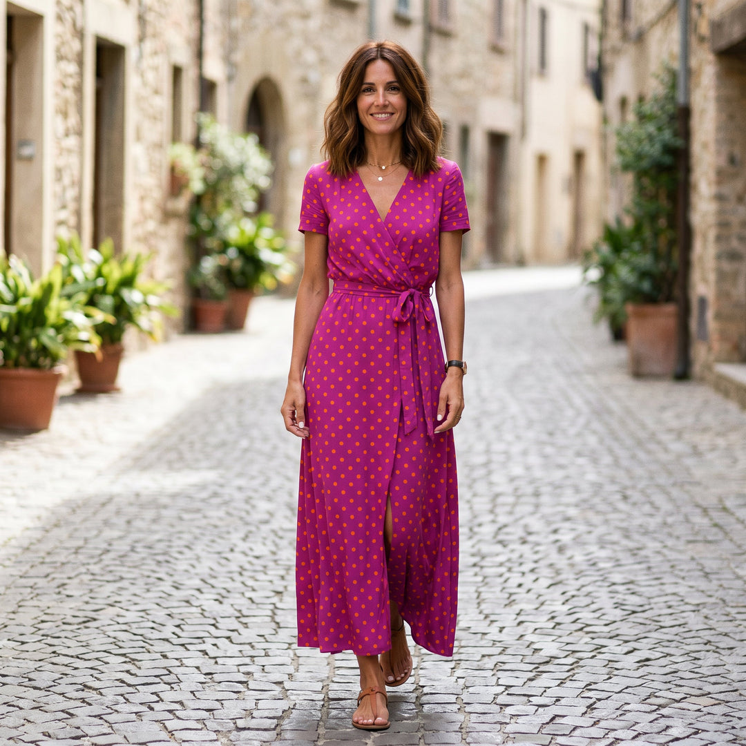 Katya - Elegant Short Sleeve Maxi Dress with Wrap Neckline and Waist Tie