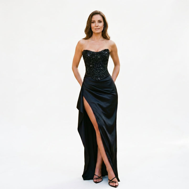 Elegant Beaded Corset Evening Maxi Dress