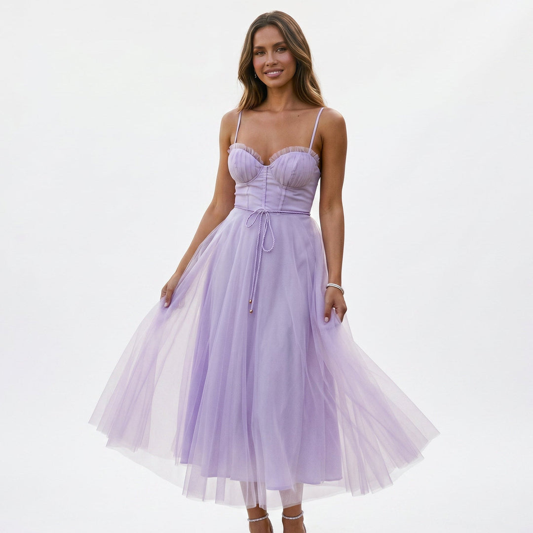 Elegant White Tulle Midi Dress for Women