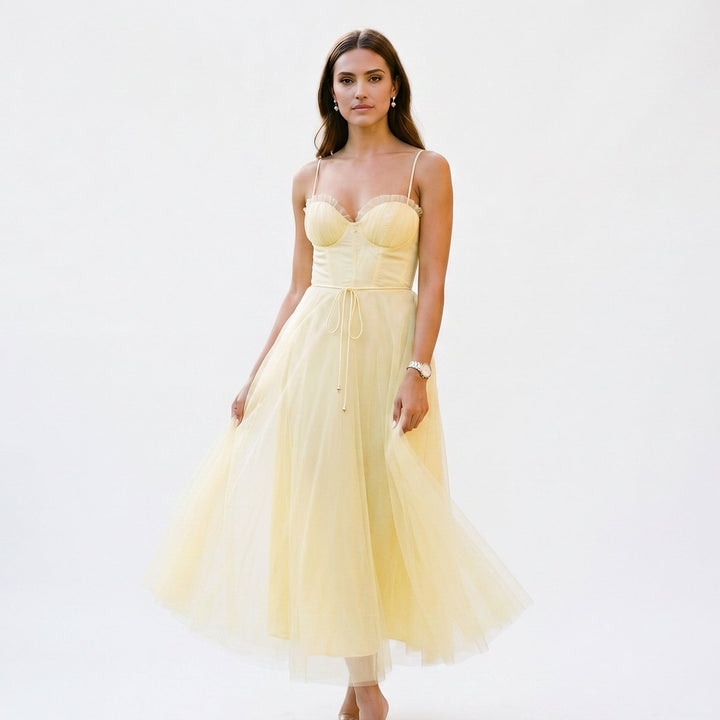 Elegant White Tulle Midi Dress for Women