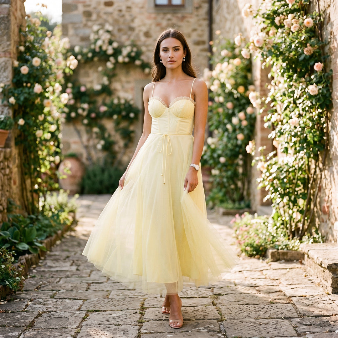 Elegant White Tulle Midi Dress for Women