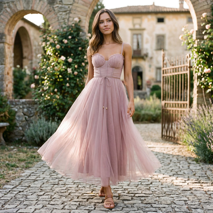 Elegant White Tulle Midi Dress for Women