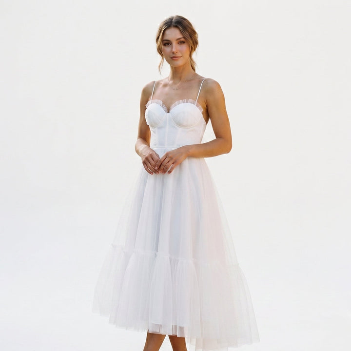 Elegant White Tulle Midi Dress for Women