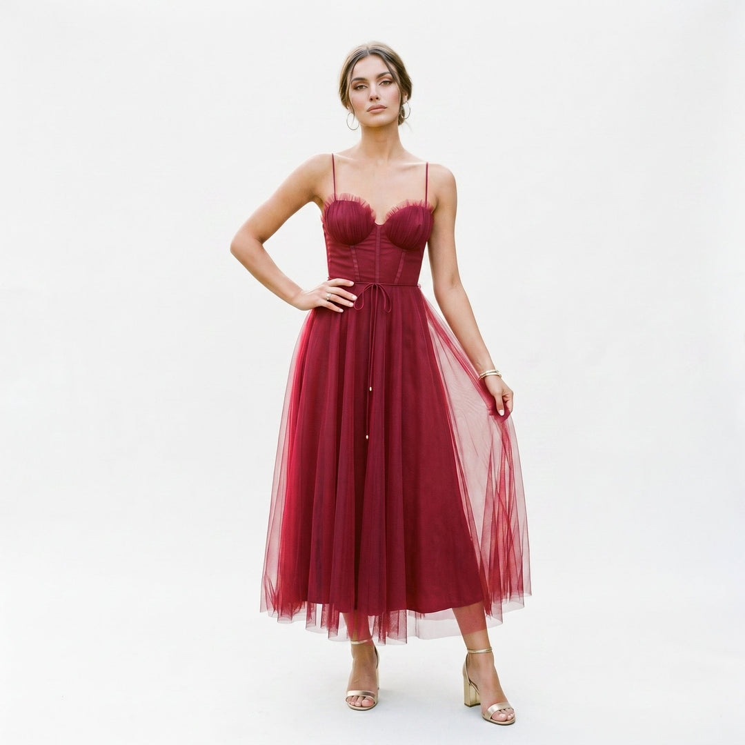 Elegant White Tulle Midi Dress for Women