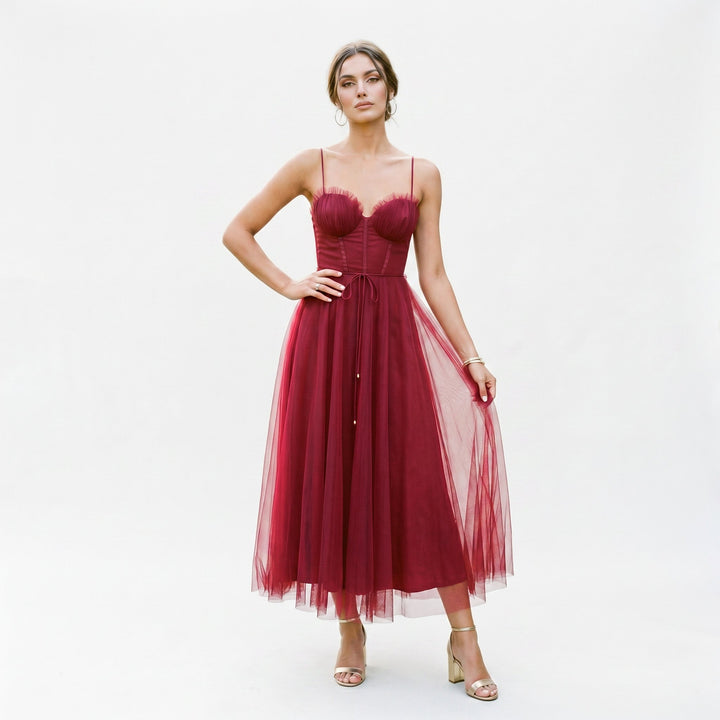 Elegant White Tulle Midi Dress for Women