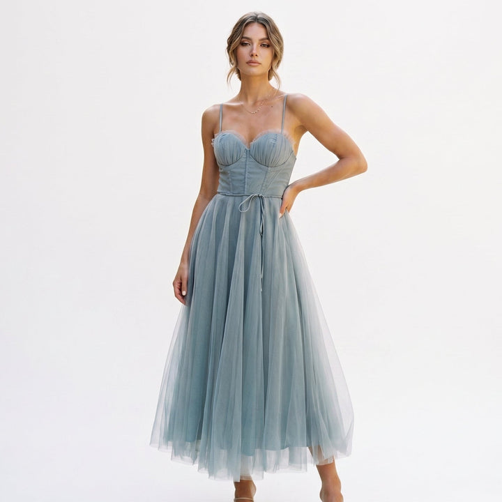 Elegant White Tulle Midi Dress for Women