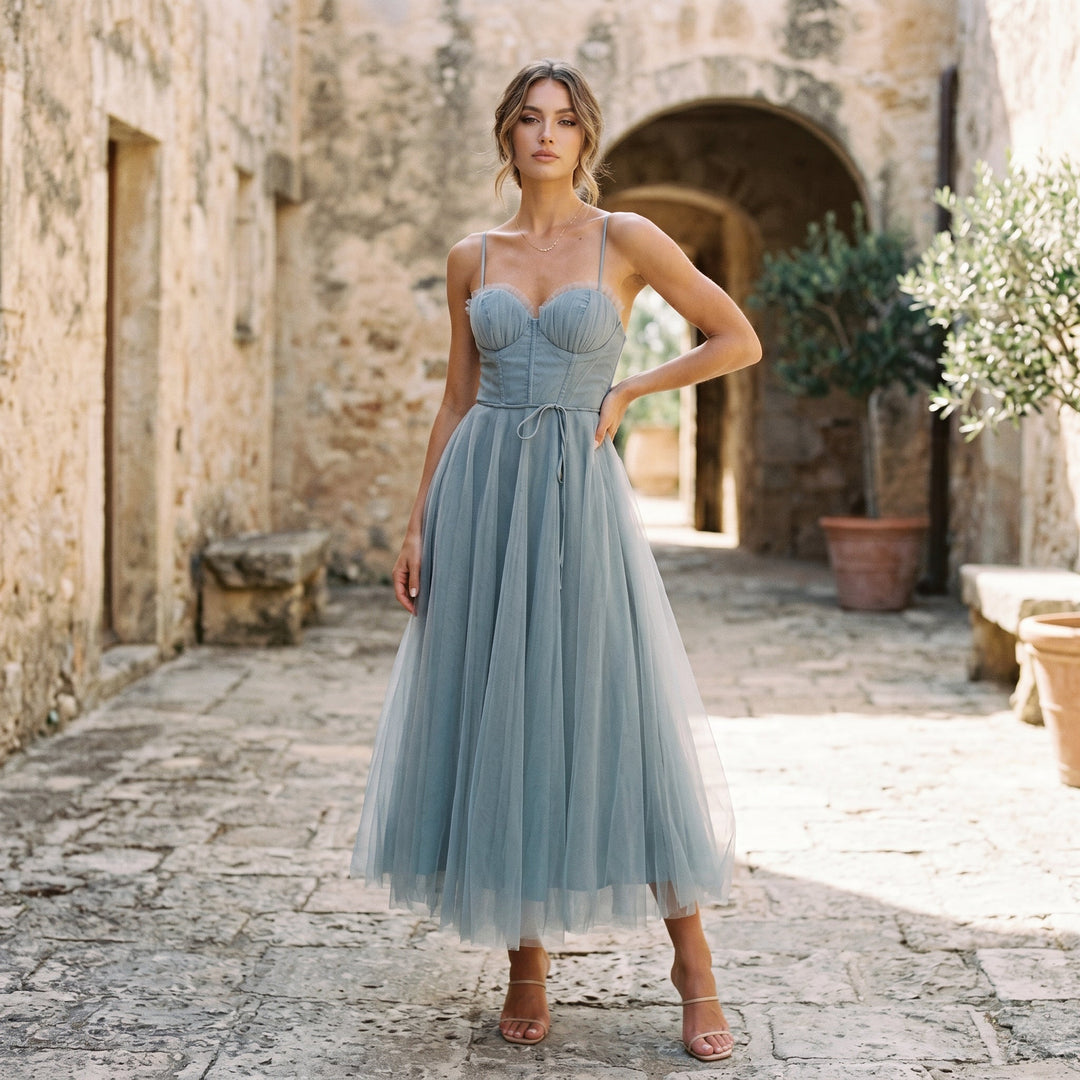 Elegant White Tulle Midi Dress for Women