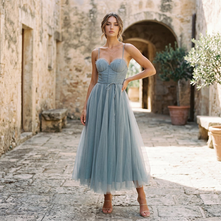 Elegant White Tulle Midi Dress for Women