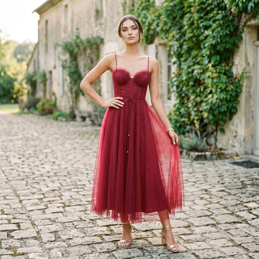 Elegant White Tulle Midi Dress for Women