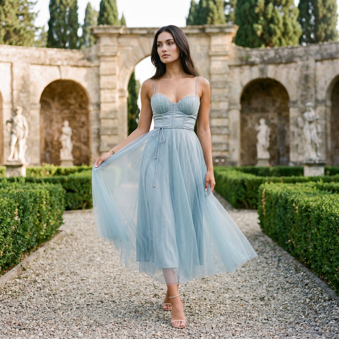 Elegant White Tulle Midi Dress for Women